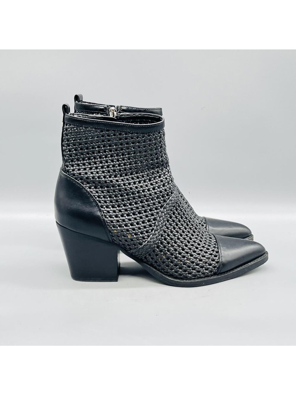 Sam Edelman Boots Womens 8 Black Synthetic Woven ELITA Ankle Block Heel Shoes